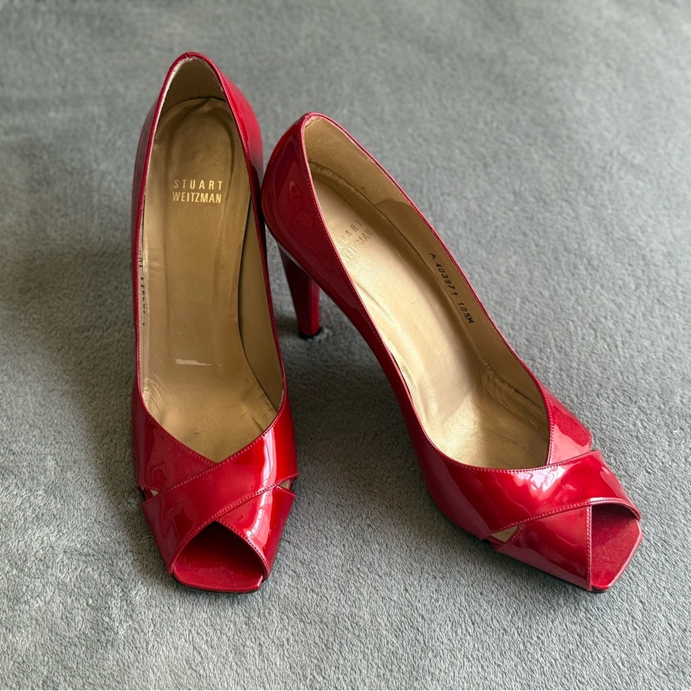 Stuart Weitzman Vintage Peep-Toe Pumps, Patent Red, Size 10.5